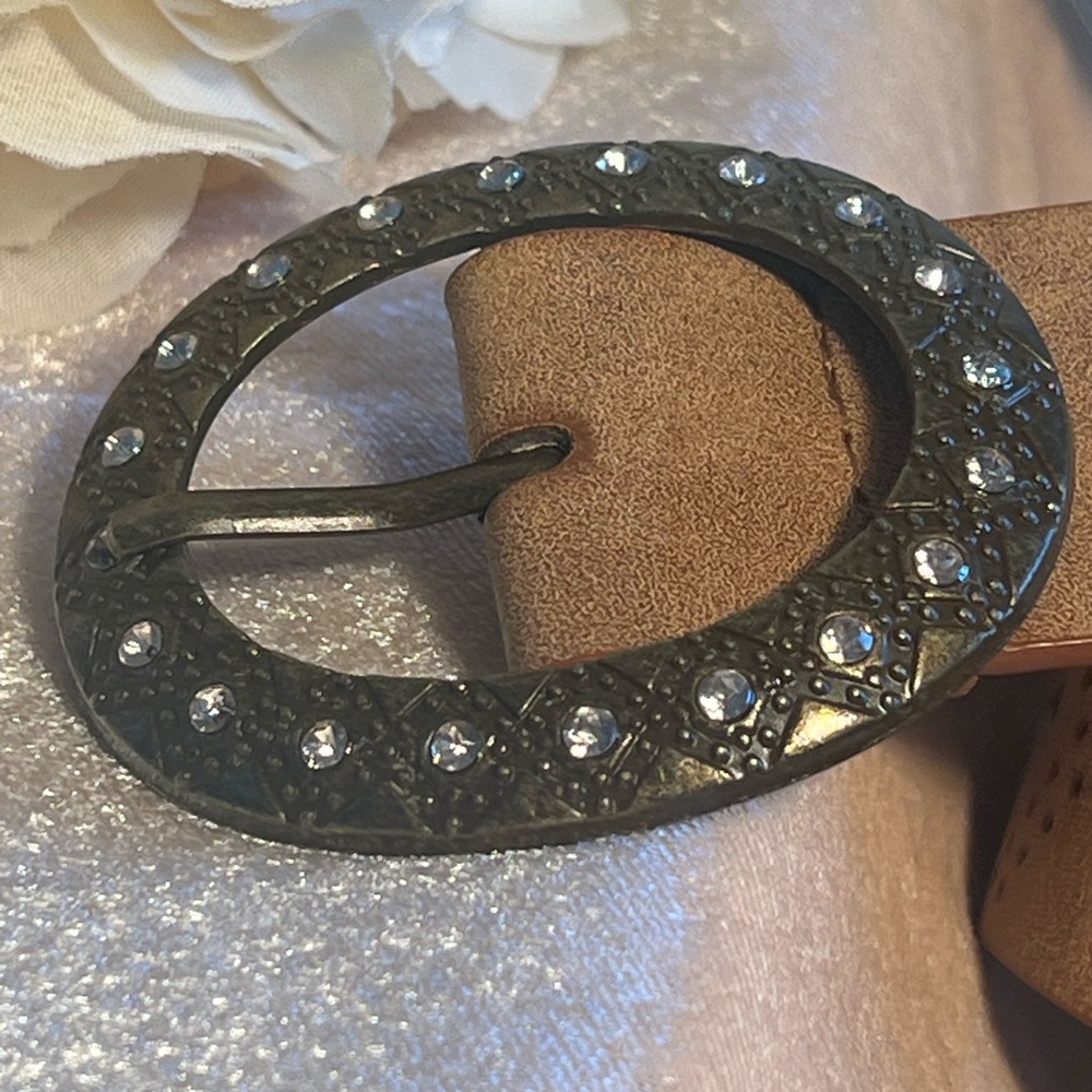 Chic Tan Perforated Belt with Rhinestones on Buckle - Picture 10 of 16